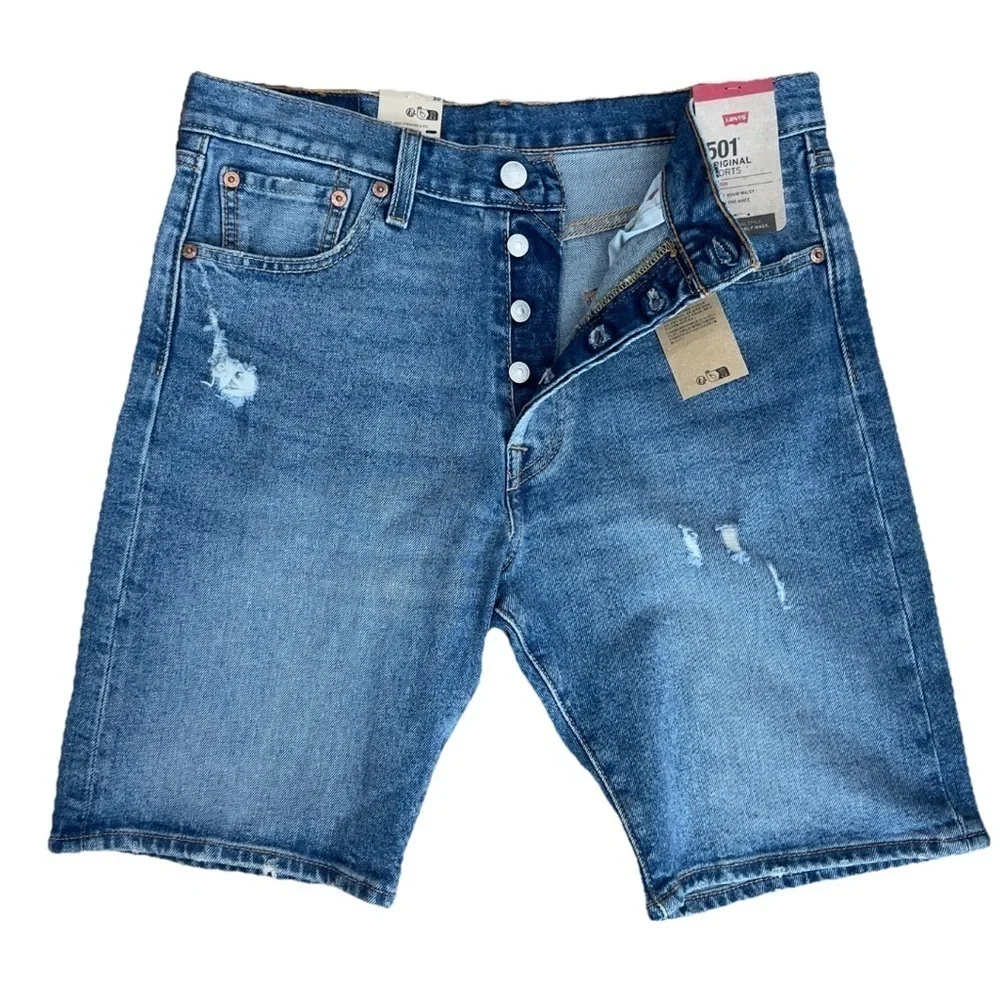 NWT Levi’s 501 Shorts Stretch Ripped Distressed Button Fly sz 30 8.75” rise New